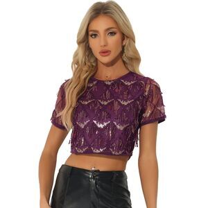 Sequin Shiny Glitter Crop Top Short Sleeves Party Tassel T-Shirt Deep Purple